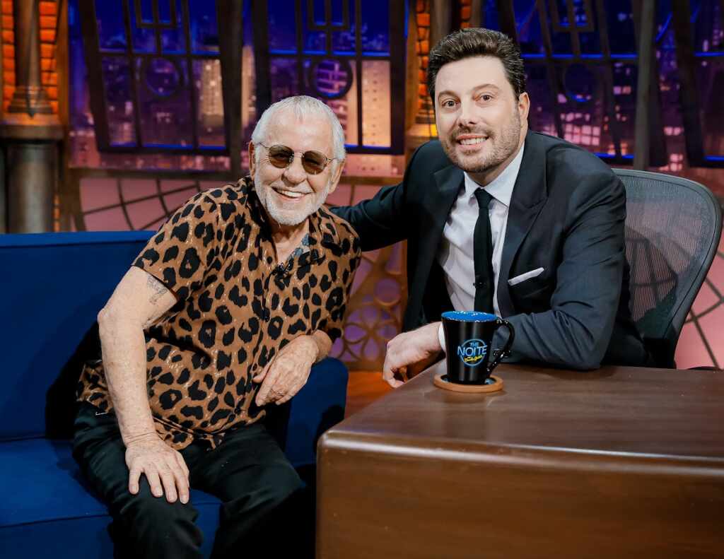 Nelson Motta e Thór Junior no "The Noite" (Créditos: Lourival Ribeiro/SBT)